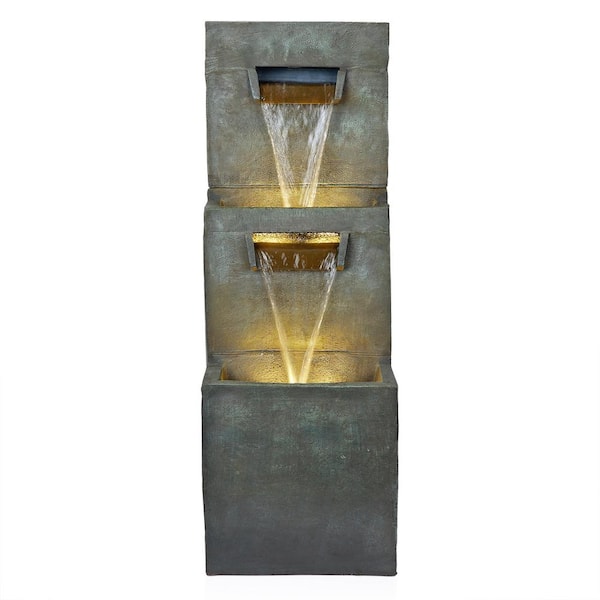 Alpine Corporation 40 in. Tall 2-Tier Polyresin Modern Stone Wall Fountain w/Warm White LED