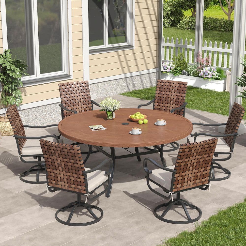 7-Piece Metal Outdoor Dining Set with 53 in. Walnut Round Dining Table and 6 Wicker Swivel Chairs with Beige Cushions