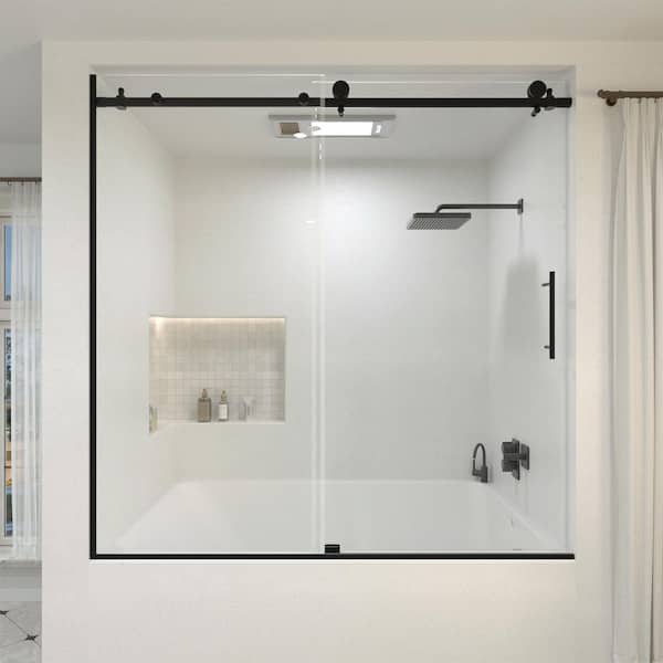 Hermitage Bath Brewo 60 in. W x 60 in. H Sliding Semi-Frameless Tub Door in Matte Black Finish with Clear Glass
