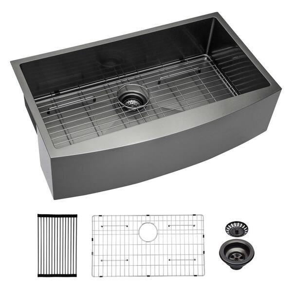 Unbranded Black 16-Gauge Stainless Steel 33 in. Single Bowl Farmhouse Apron Workstation Kitchen Sink with Bottom Grid
