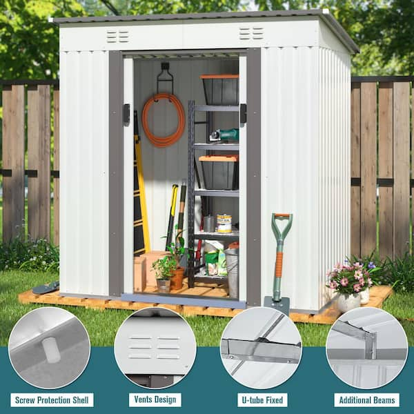 HOGYME 8 x 8 ft. Outdoor Storage Shed, Garden Tool Shed with Double Sliding  Doors, 4 Vents for Backyard Patio Lawn Pool, White+Gray 