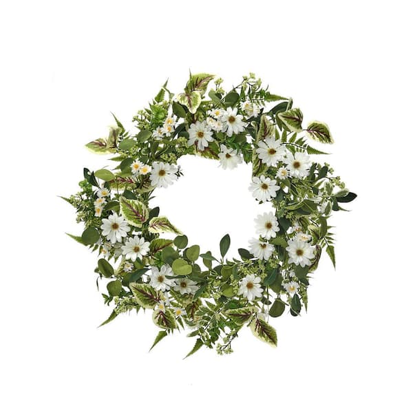 Regency International 24 in. White, Green Artificial Daisy and Mix Greens Wreath 24 in.