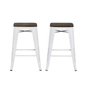 Penelope 24 in. White Metal Counter Stool with Wood Seat (Set of 2)