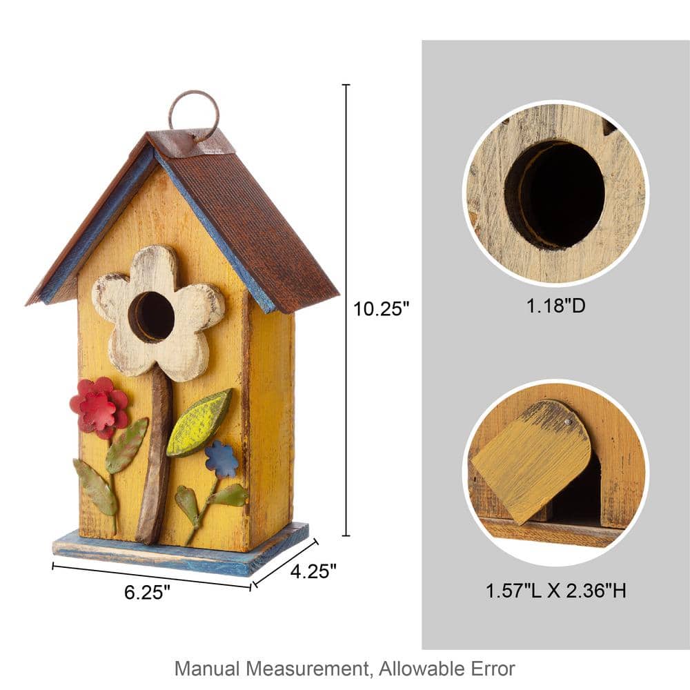 Yellow Distressed Solid Wood Birdhouse with 3D Flowers