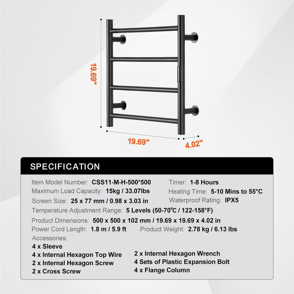 Black Stainless Steel Wall-Mounted 4-Bar Heated Towel Warmer