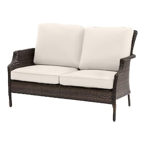 Grayson Brown Wicker Outdoor Patio Loveseat with CushionGuard Almond Tan Cushions