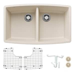 Performa 33 in. Undermount Double Bowl Soft White Granite Composite Kitchen Sink Kit with Accessories