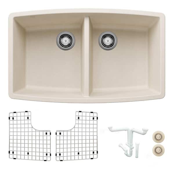 Blanco Performa 33 in. Undermount Double Bowl Soft White Granite Composite Kitchen Sink Kit with Accessories