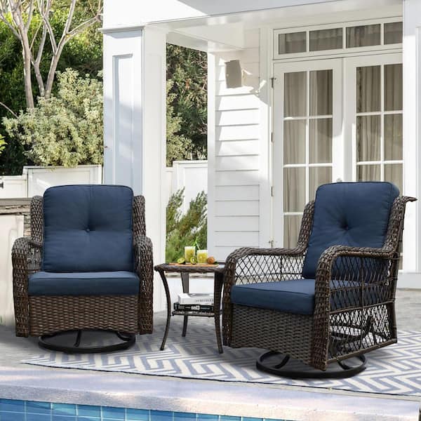 Zeus & Ruta 3-Piece Grey Wicker Patio Conversation Set with Navy Blue Cushions, Rocking Swivel Chair with Glass Top Side Table
