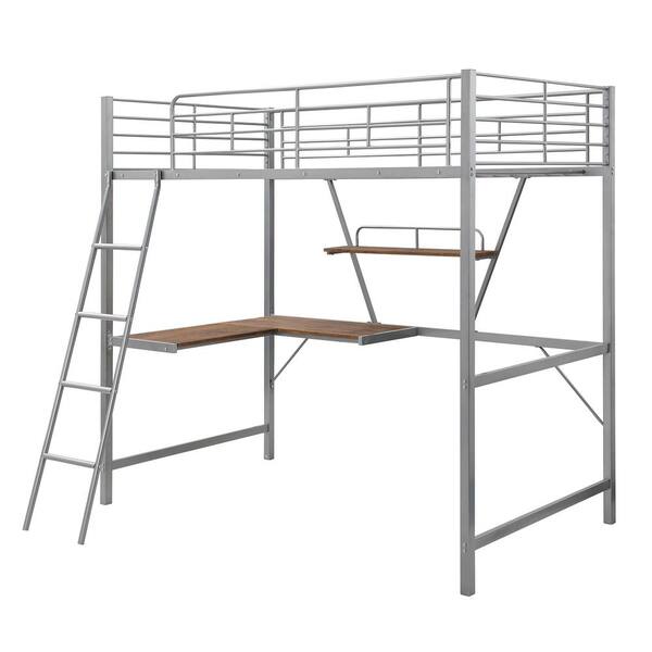 Harper Bright Designs Silver Metal Loft Bed With L Shaped Desk And Shelf Smaan The Home Depot