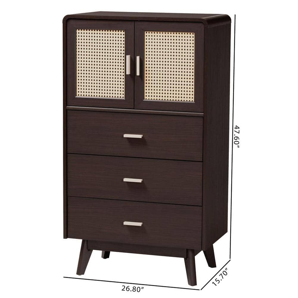 Giancarlo Espresso Brown 3-Drawer Wood Storage Chest with Rattan Doors