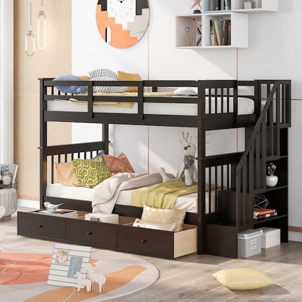 Polibi Espresso Stairway Twin-Over-Twin Bunk Bed with 3-Drawers for Bedroom, Dorm