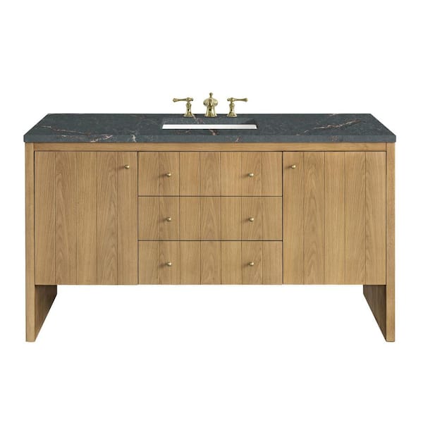 James Martin Vanities Hudson 60.0 in. W x 23.5 in. D x 34.2 in. H Single Bathroom Vanity Light Natural Oak and Parisien Bleu Quartz Top