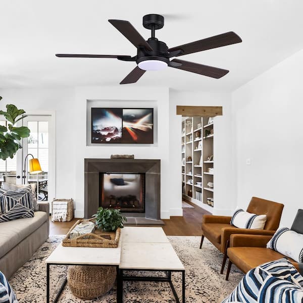 52 in. Smart Black Standard Downrod Ceiling Fan LED Light, Remote/Voice Control, Quiet Reversible Motor, Indoor/Outdoor