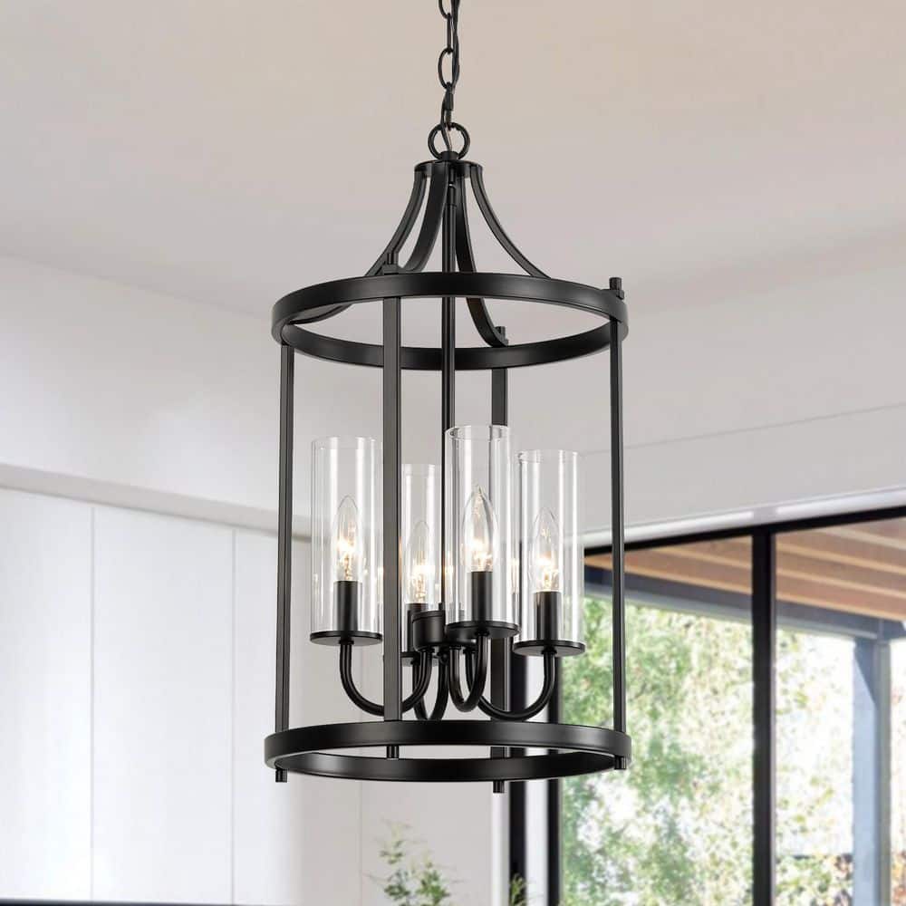 Evys 4-Light Traditional Black Drum Lantern Kitchen Island Pendant Lighting with Clear Glass Shade price history on PriceWatchPro