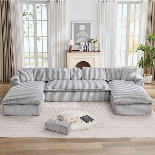 Modern 149 in Rolled Arm 3 Pieces Corduroy U-Shaped Sectional Sofa Movable Sofa Armrests in. Gray
