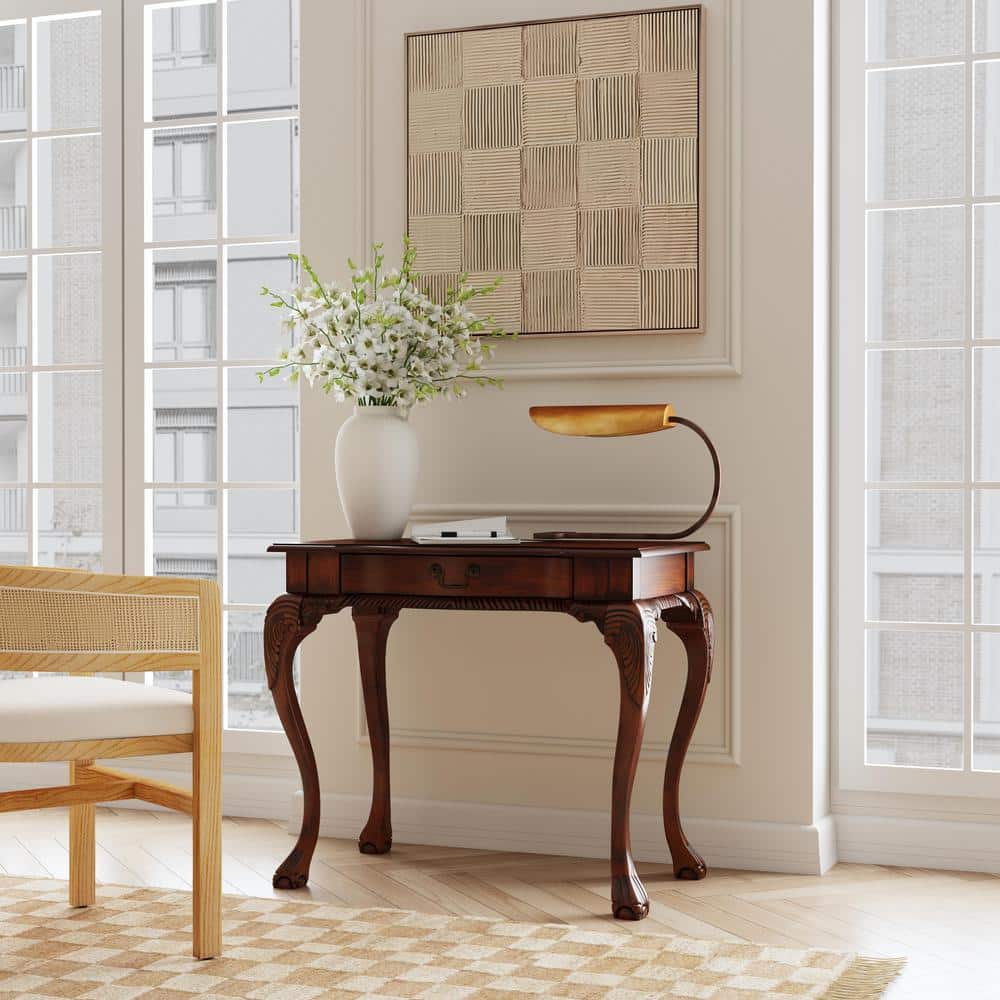 Cherry Brown Wood Writing Desk with Drawer and Carved Details