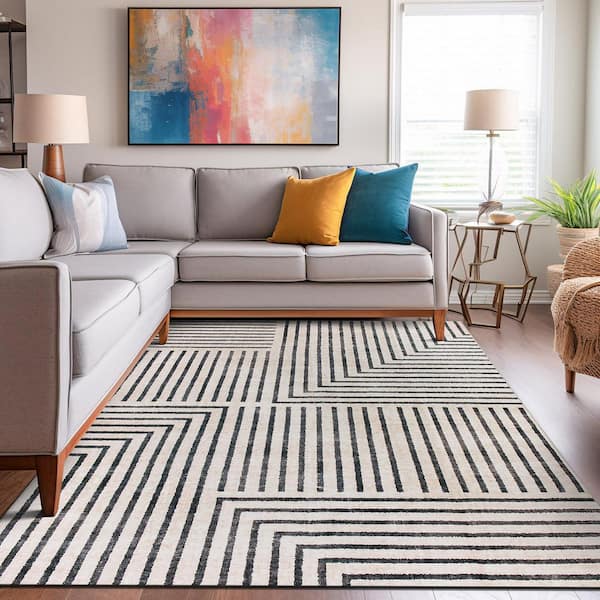 Distressed Bohemian Stripes Washable Non Slip Beige 5 ft. x 7 ft. Area Rug