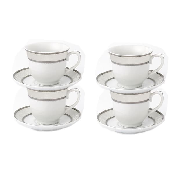 8oz. Set of 4 Coffee/Tea Cups On Metal Stand-Red and Ivory Flower