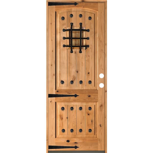 Krosswood Doors 32 in. x 96 in. Mediterranean Knotty Alder Arch Top Clear Stain Left-Hand Inswing Wood Single Prehung Front Door