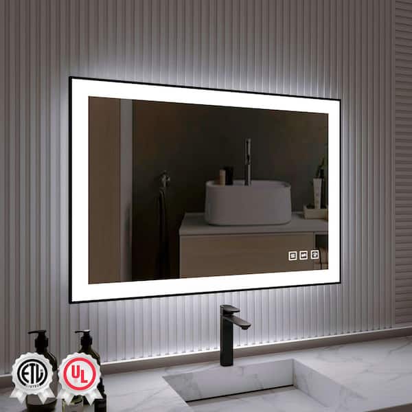 40 in. W x 24 in. H Rectangular Framed Anti-Fog LED Wall Bathroom Vanity Mirror in Black with Backlit and Front Light