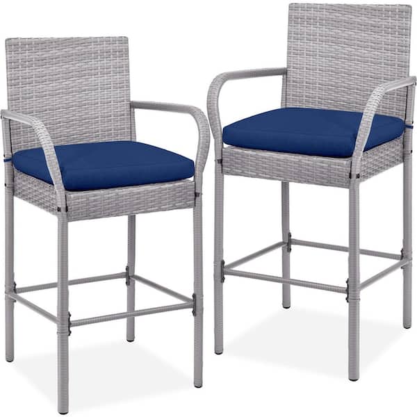Unbranded Wicker Outdoor Bar Stool with Navy Cushion (2-Pack)