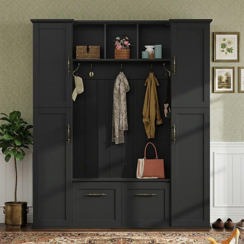 Harper & Bright Designs Modern Elegant Black Entryway Hall Tree with 5 ...