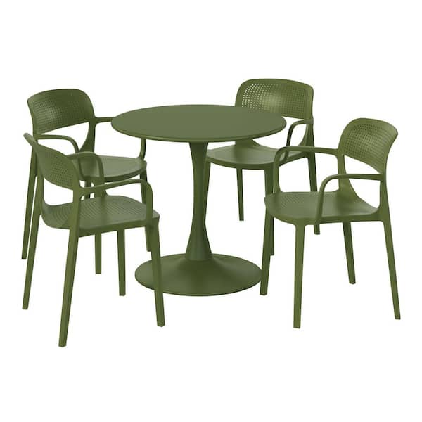 Frond and Form Outdoor Patio Modern 5-Piece Round HDPE Plastic Dining Table Set with Stackable Chairs, Olive Green
