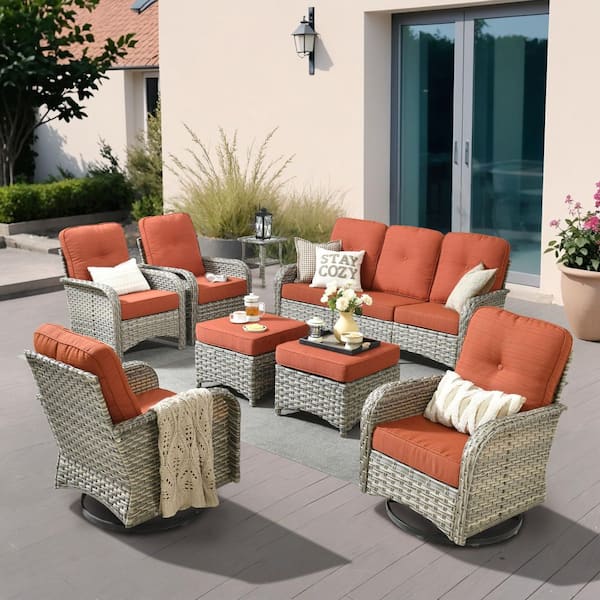 Beverly Gray 8-Piece Wicker Patio Conversation Sofa Swivel Lounge Chairs Set with Ottomans and Orange Red Cushions