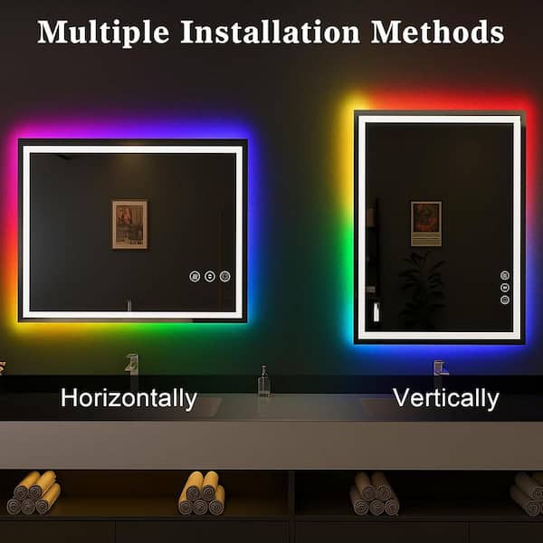 40 in. W x 32 in. H Rectangular Frameless RGB Backlit LED Lighted Anti-Fog Dimmable Wall Bathroom Vanity Mirror