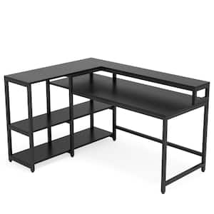 Halseey 55 in. W L-Shaped Black Corner Computer Desk Writing Studying Reading Desk 2-Tier Storage Shelves Monitor Stand