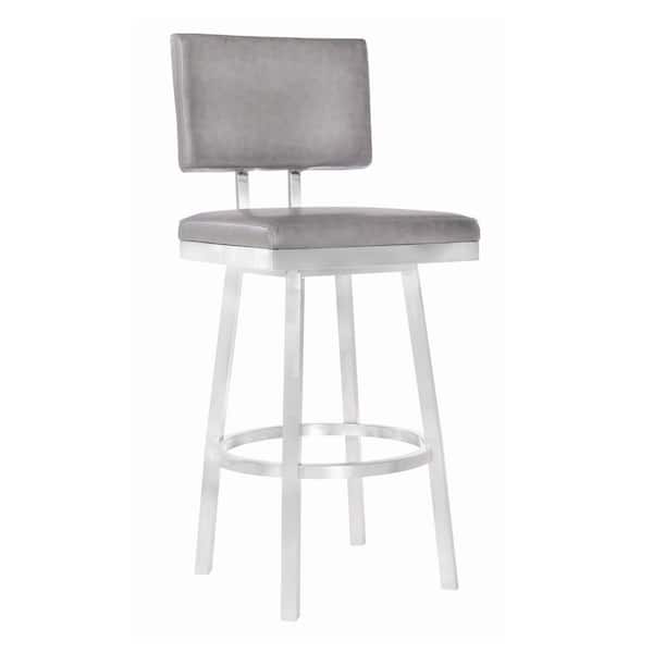 HomeRoots 30 in. Vintage Gray on Stainless Faux Leather Rectangular Swivel Armless Barstool