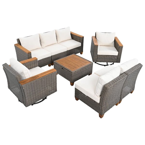OLUMAT 8-Piece Wicker Outdoor Sectional Sofa Set with Beige Cushions, Acacia Wood Storage Table and Two Swivel Rocking Chairs