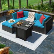 6-Piece Wicker Patio Conversation Set with 40,000 BTU Propane Fire Pit Table, Sectional Set with Blue Cushions