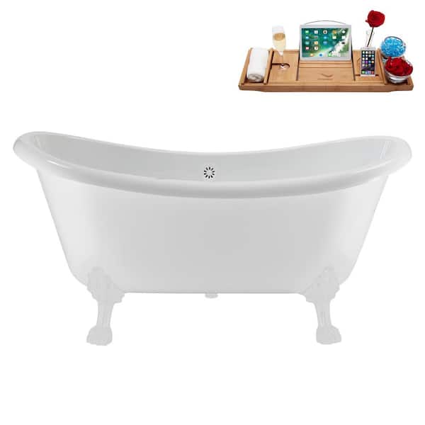 59 in. x 28 in. Acrylic Clawfoot Soaking Bathtub in Glossy White with Glossy White Drain, Glossy White Clawfeet