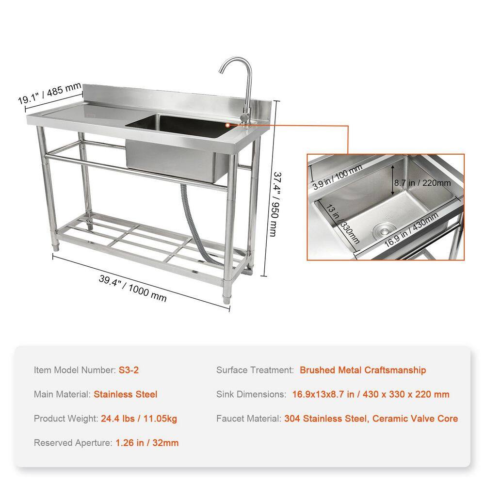 Stainless Steel Freestanding Utility Sink with Faucet and Workbench