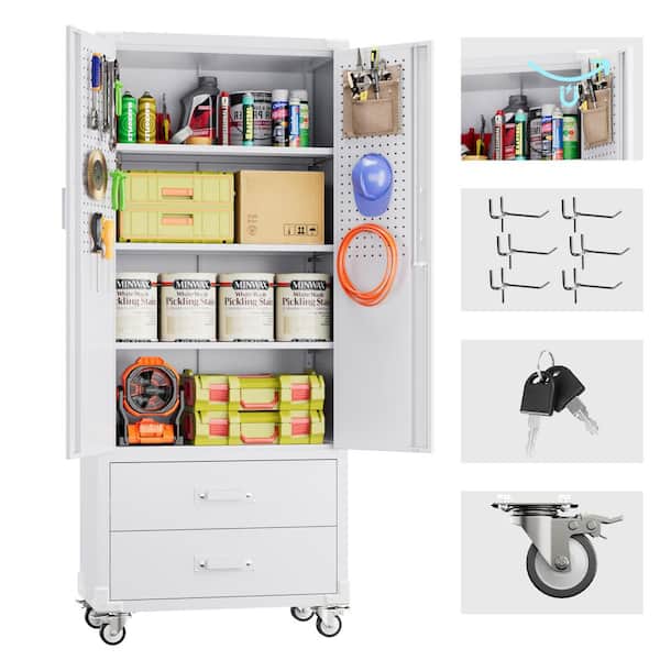 Kaikeeqli 31.5 in. W x 72 in. H x 16.5 in. D Storage Cabinet with 3-Shelf and 2-drawers Metal Freestanding Cabinet in White