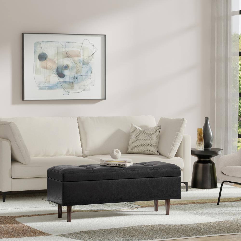Simpli Home Shay 48 in. Rectangle Mid Century Storage Ottoman in Distressed Black Vegan Faux Leather, Assembled