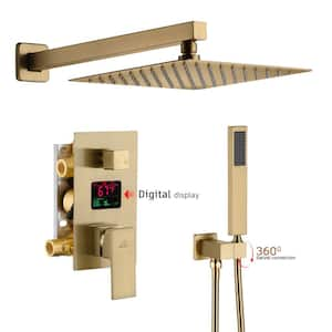 1-Spray Patterns with 2.5 GPM 10 in. Wall Mount Dual Shower Heads with Digital Display in Brushed Gold