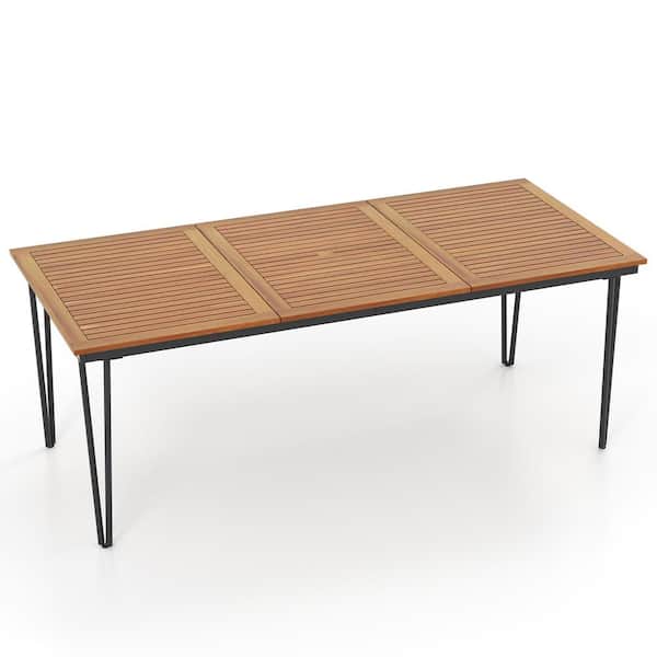 Wooden Outdoor Dining 8-Person Table with Umbrella Hole Patio