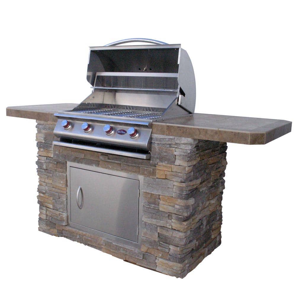 Cal Flame 7 Ft Stone Veneer Bbq Island With 4 Burner Grill In Stainless Steel Bistro 470 As The Home Depot