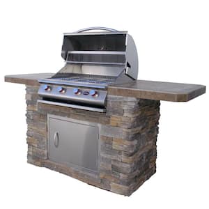 7 ft. Stone Veneer BBQ Island with 4-Burner Grill in Stainless Steel