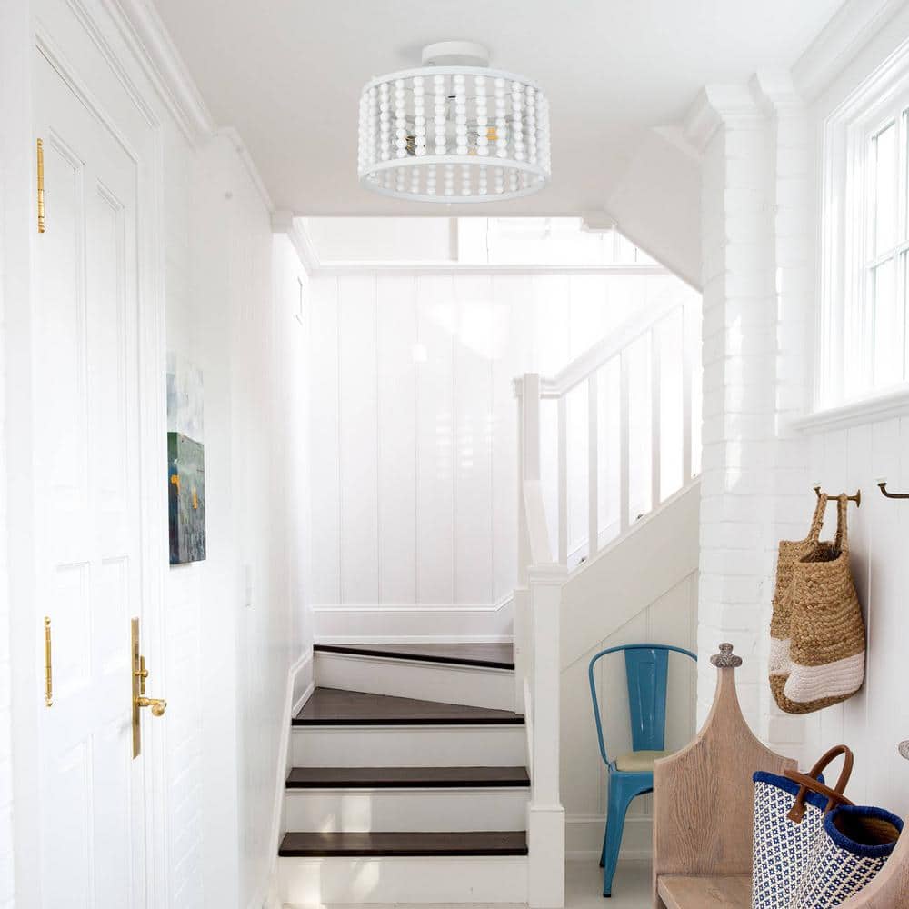 12.6" White Beaded Metal Farmhouse Semi-Flush Mount Light