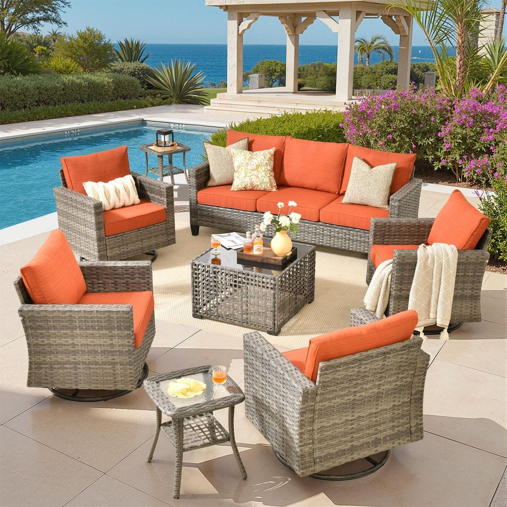 Glimmer 8 Pieces Wicker Outdoor Patio and Swivel Rocking Chairs with Orange Red Cushions and LED Table price history on PriceWatchPro