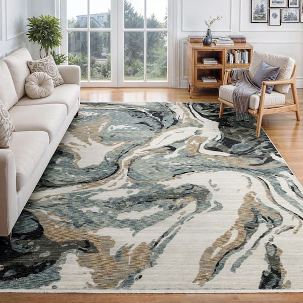 Eclipse Blue/Ivory 8 ft. x 11 ft. Contemporary Abstract Polyester Fringe-Edge Indoor Area Rug