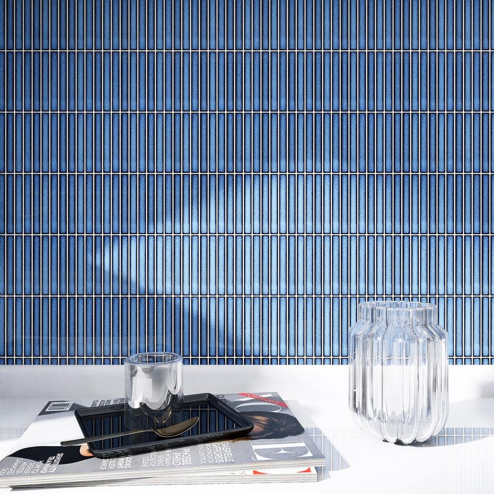 Reactive Ocean Blue Glossy Porcelain Stacked Mosaic Tile