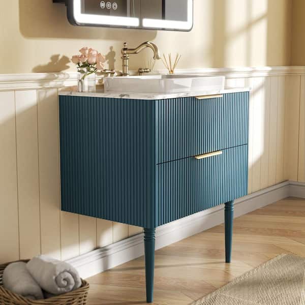 FAMYYT 30 in. W Bath Vanity in Aqua Blue with White Cultured