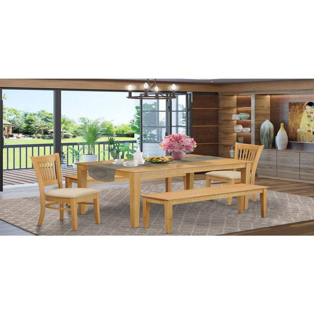 5-Piece Rectangle Natural Oak Finish Solid Wood Top Dining Table with 2 Benches, 2 Chairs with Lattice Back