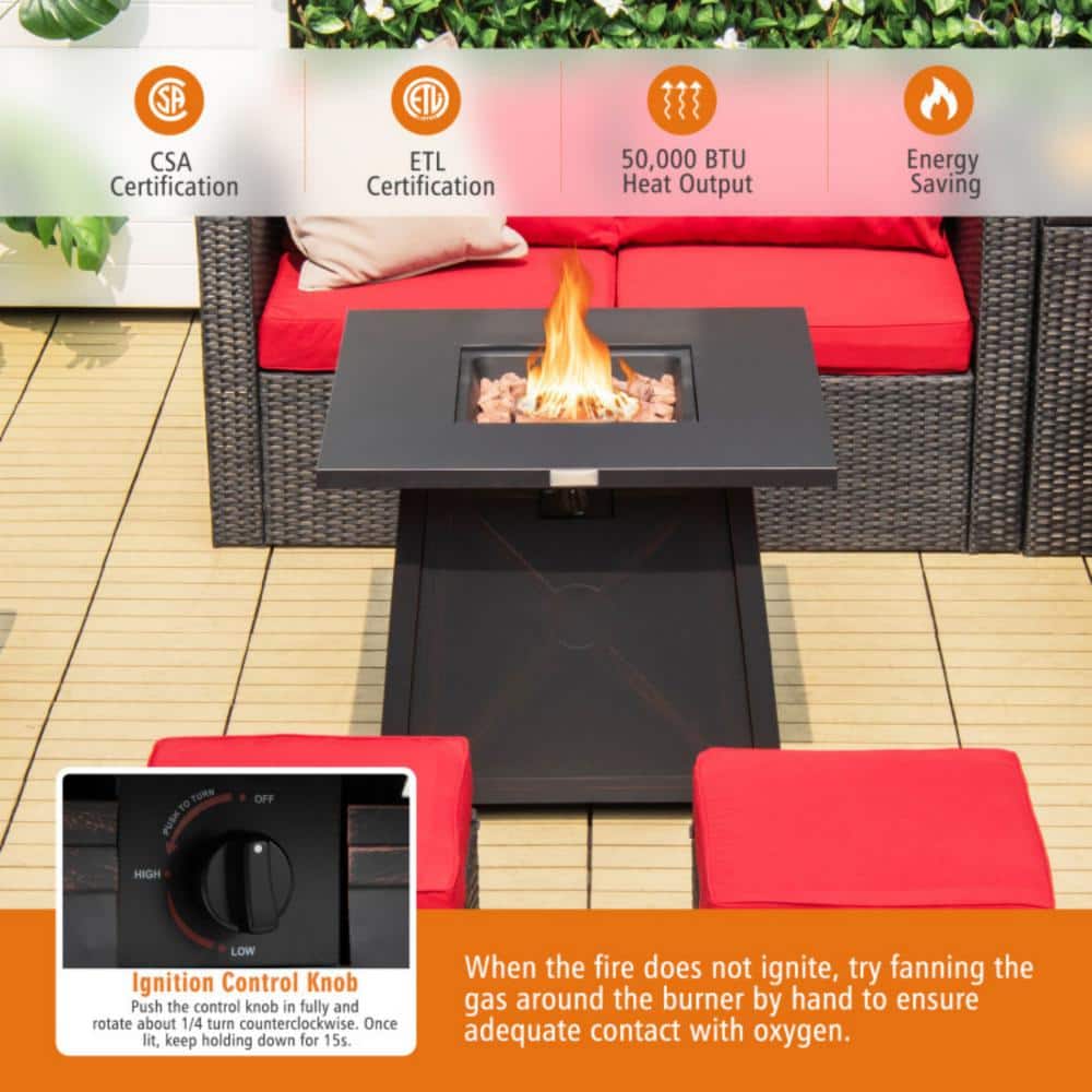 Black Steel 30-Inch Square Gas Fire Pit Table with Cover