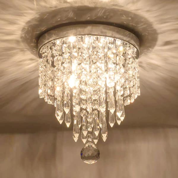 YANSUN 9 in. 2-Light Modern Crystal Kitchen Chandelier Ceiling Light,Chrome Crystal Raindrop Flush Mount for Hallway, Bedroom